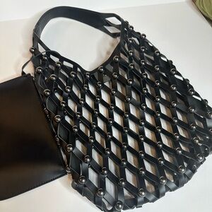 Zara black pearl studded faux leather hobo slouch bag